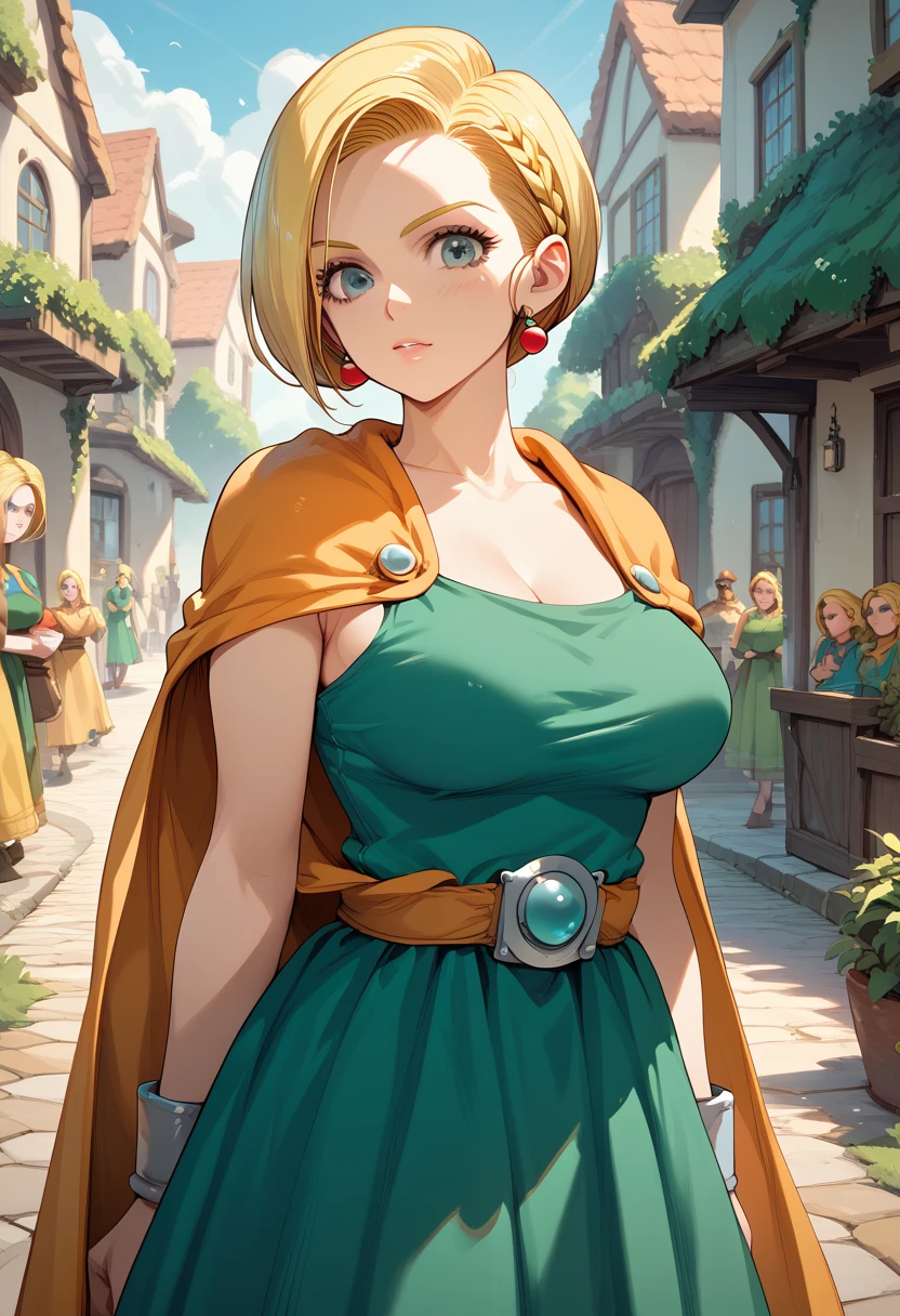 masterpiece, Kampala,Best Quality,8k
( Dragon Quest,Bianca Whitaker)
(Age 18, adult woman,blonde, braid,Big Breasts)( green dress ,Orange Cape), 1girl, Alone,