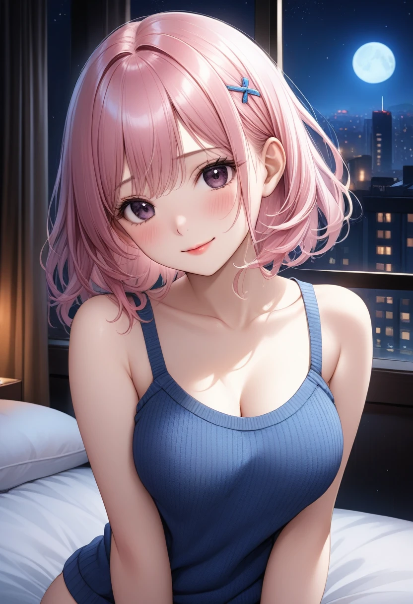 (Hyper-Realistic CG Illustration:1.6), (Ultra-Detailed, Top Quality 4K, High Resolution, Sharp Focus:1.4), A pretty 16-year-old tiptop girl in an indigo sleeveless virgin destroyer sweater, thong and wrist scrunchies stands in a hotel room at night, blushing and looking at the viewer. She has a brown medium bob and hair clip, smooth pale skin, dark eyes, a narrow nose, rosy cheeks, glossy lips with a shy smile, medium sized breasts that give her an angelic innocence as well as a hint of sex appeal. Her face, body and even the texture of her hair are rendered in extreme detail. Background window with night scene. Side view, cowboy shot.