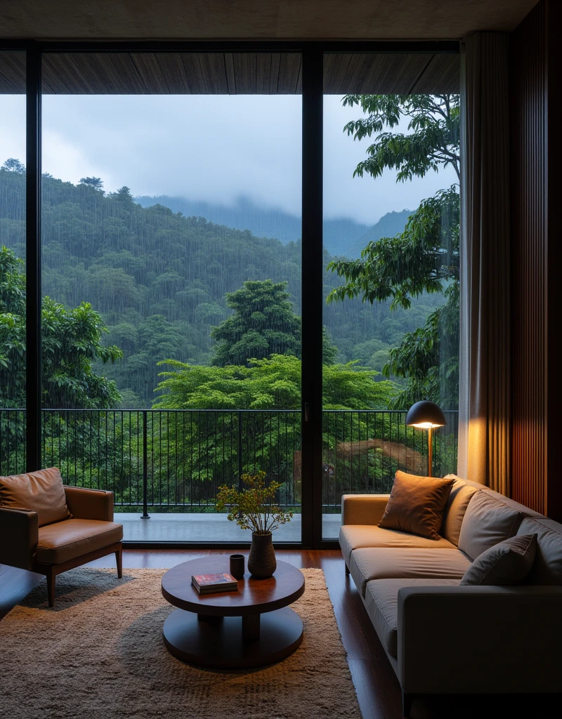 a modern and cozy room, with windows the size of the walls, and a tropical forest on the other side of the window, under a strong storm.