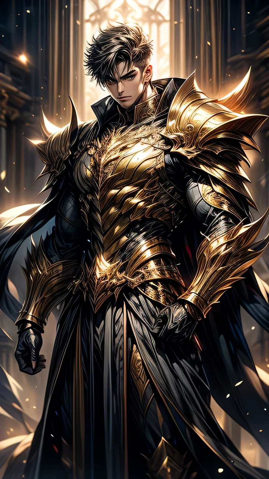 Masterpiece, best quality, high resolution, highly detailed, ****ung boy, handsome face, short black hair , with bright grey eyes ( glowing eyes ), wearing a golden hoodie, and golden pants, golden watch and battle armor, muscular build, surrounded by the splendors of the universe, pay attention to stunning details, and achieve a resolution of 64k, high quality, with a majestic aura of authority full body.