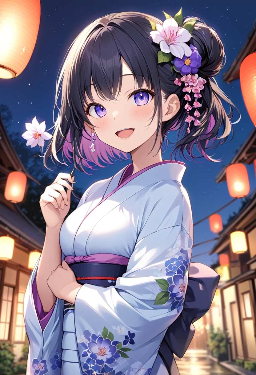 masterpiece, best quality, score_9, score_8_up, girl, smile, open mouth, yukata, night,