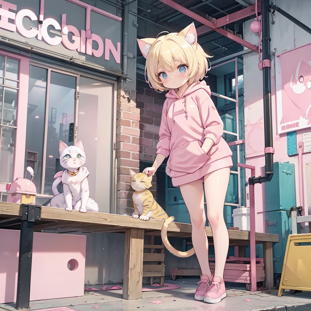 Blonde hair, (Graduation short hair:1.6), a girl in a pink hoodie, short hair, turquoise blue eyes, big white hair ornament, (Blonde cat ears:1.6), (pink hoodie:1.8), denim shorts, black sneakers, Girl at the construction site, Helmet, and holding a A pickaxe in her hand.

(High resolution,4K,highest quality:1.2),Very detailed,(Realistic:1.37),Large construction site,Professional,Industrial Lighting,Vibrant colors,

[Construction worker], [Urban], [Dynamic pose], [A powerful method], [Safeguards], [concrete], [crane], [Dust and debris], [Blueprint], [Construction Machinery], [Steel beam], [Helmet], [Work gloves], [scaffold], [Construction site signage], [Noise and activity], [Yellow caution tape], [Sunlight and shadow], [Busy workers], [Dirt and mud], [Construction Vehicles], [Diligent]

このProfessionalンプトが、We hope it helps you create beautiful, detailed images of girls working on construction sites.。.