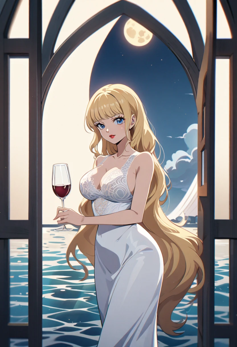 ANIME STYLE,  female character one piece ,,  red lips, Serene expression,  deep blue eyes like the ocean , Necessary,   High resolution, very long hair , light blond hair, Long FRINGE,  BIG BREASTS, wearing a white dress with transparent lace,  holding a wine glass , In the background a window reflecting the full Moon 