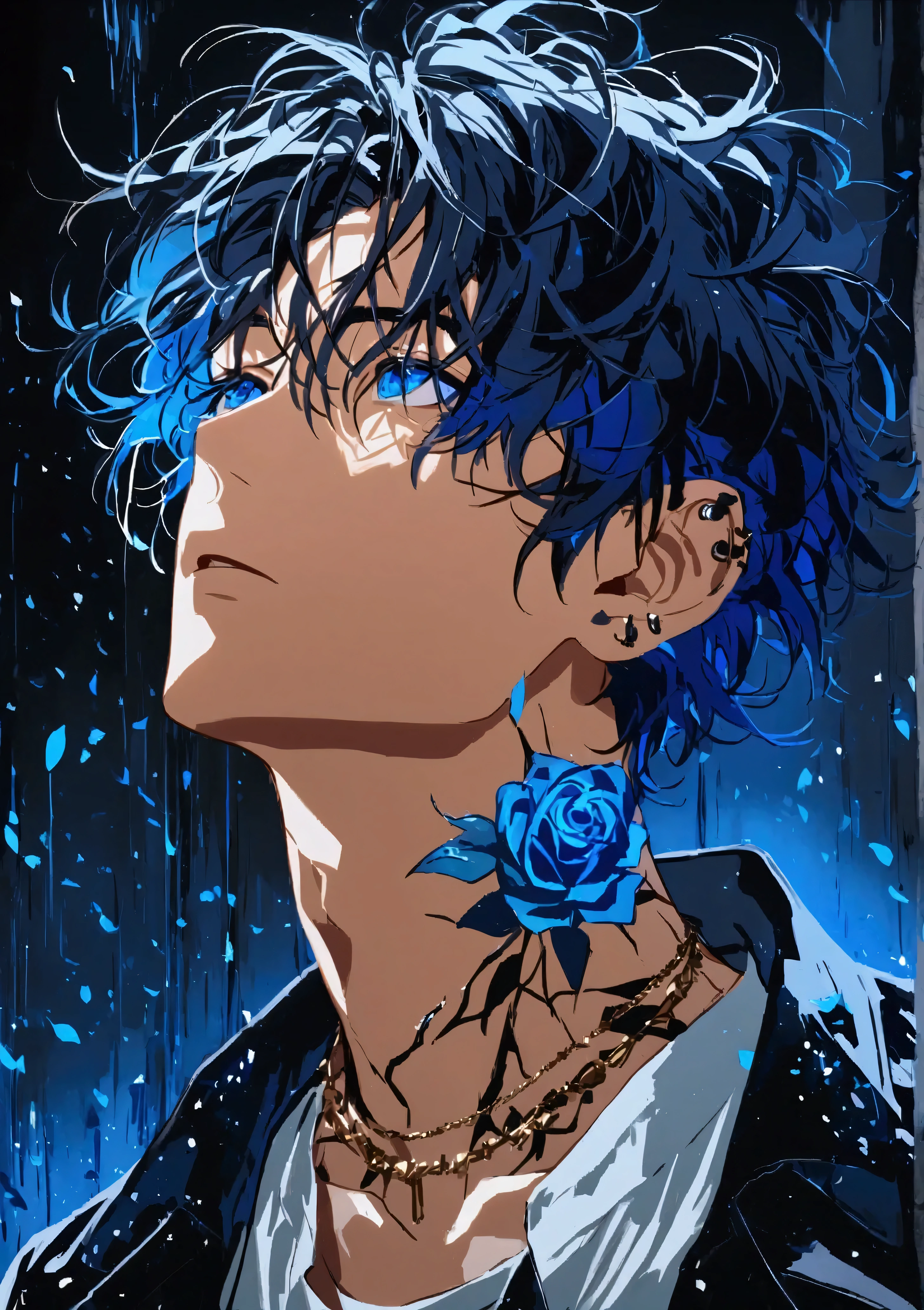 solo, Alone, 1 male, black hair with blue inner color,  short hair, messy hair, Fluttering hair, blue eyes, jacket, Stylish, stylish, Ear Piercing, blue rose tattoo on neck, Gold Necklace , oversized shirt, Look up, Black Background