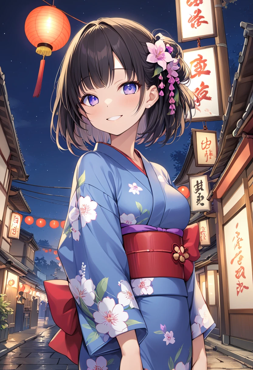 masterpiece, best quality, score_9, score_8_up, girl, petite, smile, yukata, night,