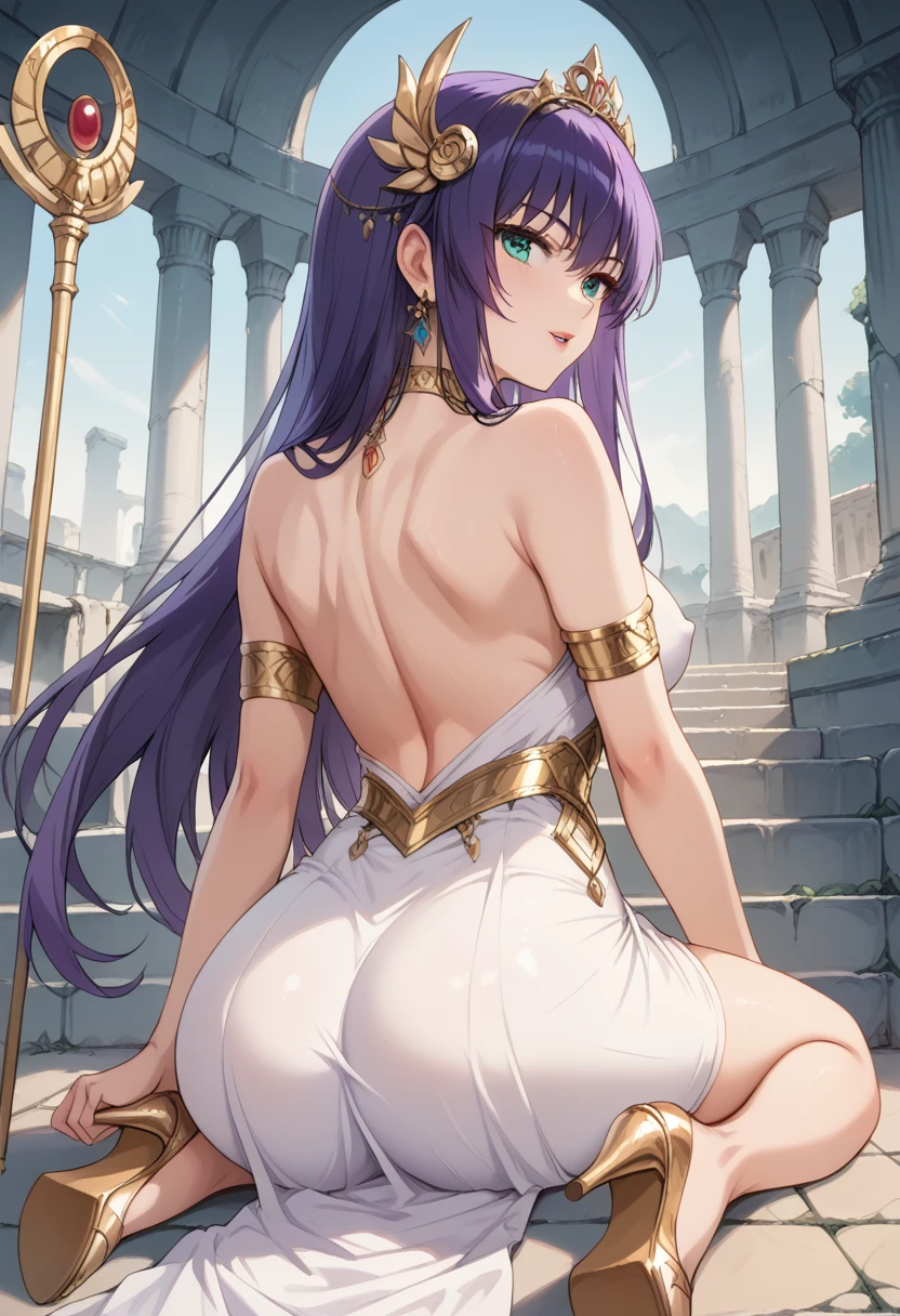 Score_9, Score_8_up, Score_7_up, Score_6_up, source_anime, (s40r1k1d0), Saori o Saint Seiya, Sitting, sexy pose, (((back view))), dark aqua eyes, purple long hair, tight clothing, (sleeveless long white v-neck dress), gold choker, gold belt, gold armband, golden staff, golden shield, stiletto high heels, covered nipples shape, navel shape, butt crack shape, medium_breasts, round ass, hip sway, thin waist, lewd face, open lips, detailed face, detailed eyes, Perspective, outdoor, Greek temple ruins, face closeup, dramatic lighting cinematic, hyperdetailed, insane details, intricate details, best quality.