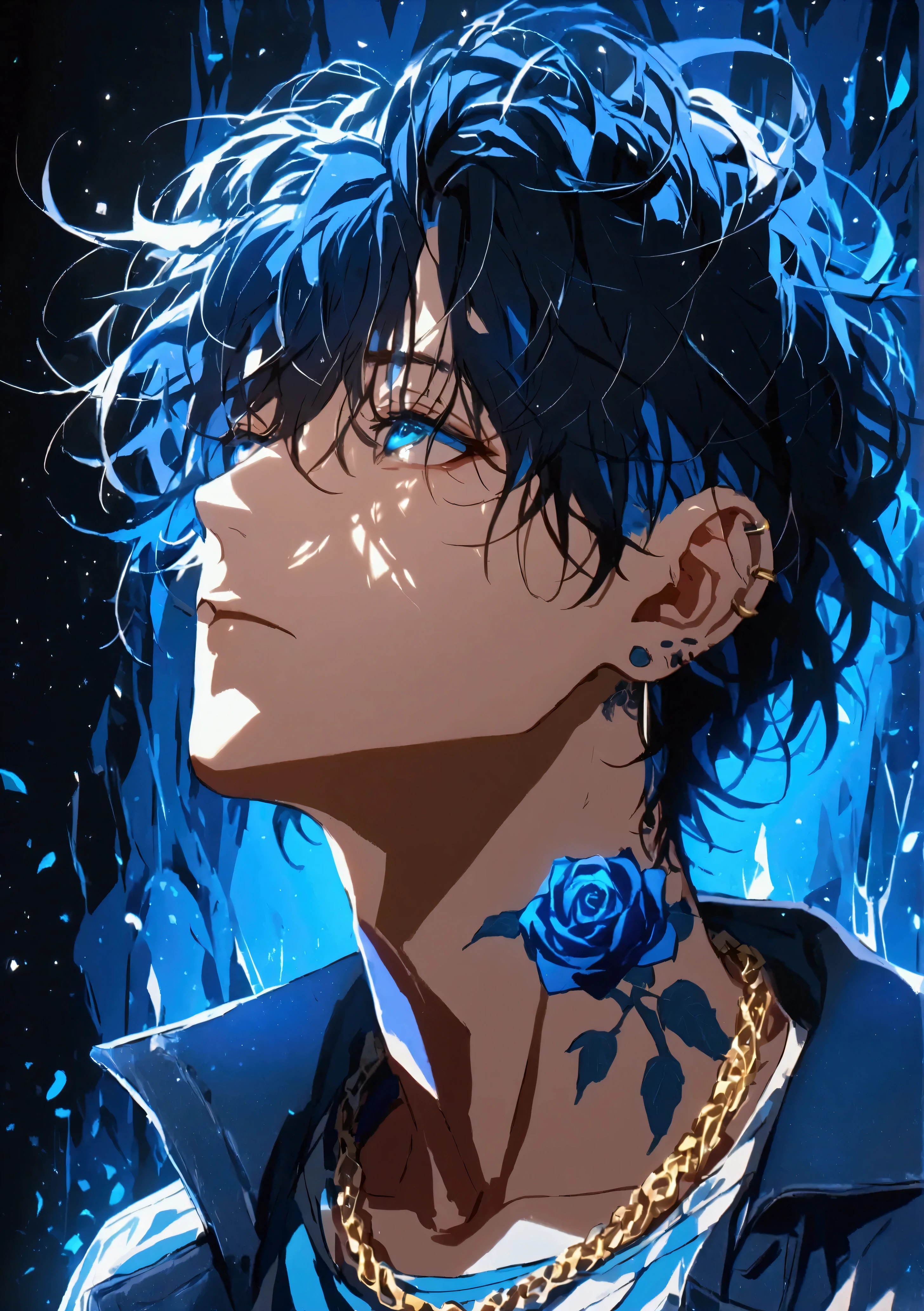 solo, Alone, 1 male, black hair with blue inner color,  short hair, messy hair, Fluttering hair, blue eyes, jacket, Stylish, stylish, Ear Piercing, blue rose tattoo on neck, Gold Necklace , oversized shirt, Look up, Black Background