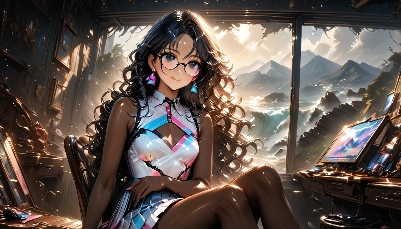 (((Adult trans woman)): (clothes with trans flag colors(white, blue, pink), pleated miniskirt, lace sleeveless cropped, black eyes, ((brown skin)), dark skin, showing the whole body, ((black hair, long wavy hair)),(High heel sandals ). Closed mouth )); full body shot, cute smile ((Sitting on chair)), Playing videogame, holding a joystick in hands, no background. High quality. 4k, 8k, many details. Masterpiece, accurate, anatomically correct, posing, detailed background, better quality, original work Focus on details, Front view, earrings, wind blowing through window, eye glasses, cute makeup