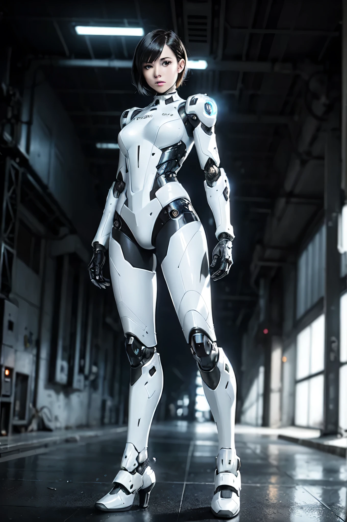 A beautiful young woman robot wearing white and black mecha-inspired attire, with short hair and a elegant expression, standing in the background of an abandoned factory. He is wearing high-tech full body armor with tight curves, in a cyberpunk style. This appears to be a real photograph, movie still, with detailed, high-definition imagery, cold tone,