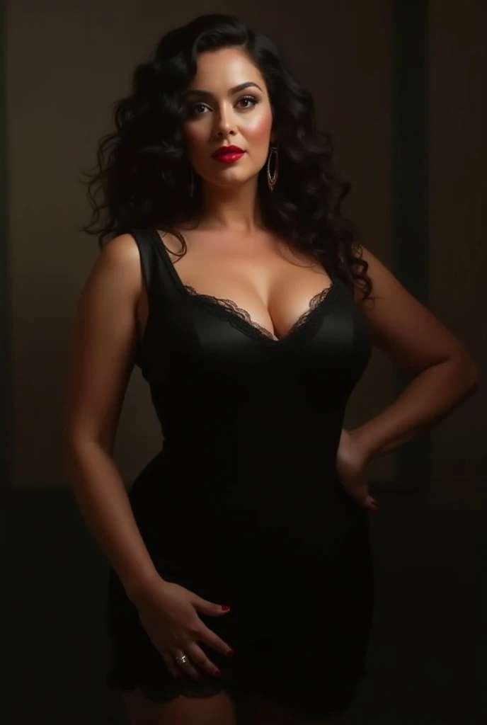 Caucasian woman, 30s, BLACK hair, well-groomed hands. pensive woman, front view, business woman, full body shot, big cleavage showing breasts, in 8k photo + amazingly detailed, sharpness, details + professional lighting, photographic lighting + 50mm, 80mm, 100m + lightroom gallery + behance photos + unsplash --ar 2:3