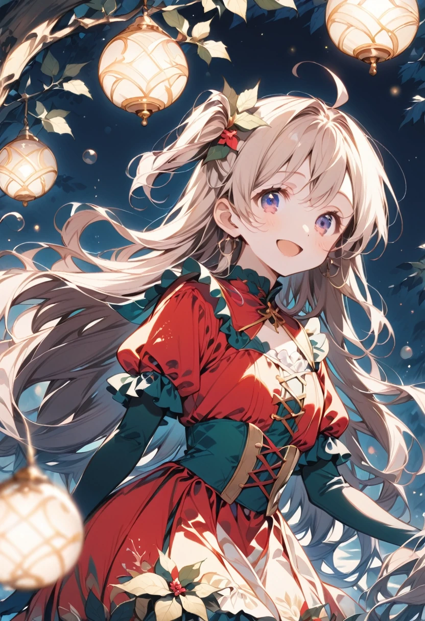 1  girl,
(light gold hair, long hair, one side up, messy hair, ahoge),
(dark emerald eyes, tareme),
smile,
open mouth,

looking at viewer,

(green leaf hair ornaments),
(dark red cape, white fur),
(dark red Gothic costume),

cowboy shot, solo,

(depth of field),
night time, powder snow,
forest of glowing ornaments,
poinsettia in the foreground,