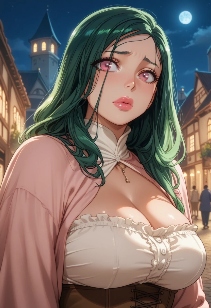 Reika Kurashiki, green hair, pink eyes, massive tits, big lips, medieval city, big tits, big lips, pose, nervous, night time
