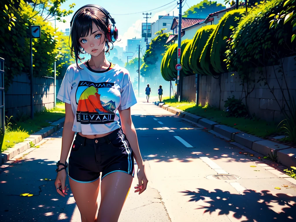 brazilian girl, alone, solo, full body, perfect hands, very tanned skin, beautiful, fish eye lens, wide angle, (((Various hair style))) (((Various eyes color))),headphones over ears,((( Various graphic t-shirt))), (((Various t-shirt color))), (((Various short color))),sneakers, Rio de janeiro city, nature, sea, painting, vibrant colors,upbeat atmosphere,high-quality illustration(4k,realistic),summer sunshine, fresh air,motion blur effect,creative expression,lively, 1 girl, Solo, High Resolution, Masterpiece, Best Quality, High Details, Anatomically Correct, 1girl, Solo, 