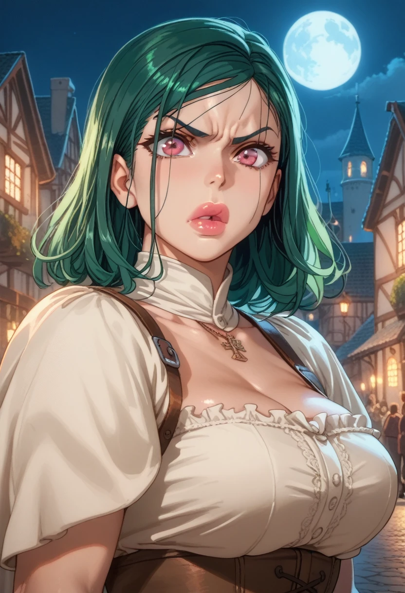 Reina Kurashiki, green hair, pink eyes, massive tits, big lips, medieval city, big tits, big lips, pose, angry, night time
