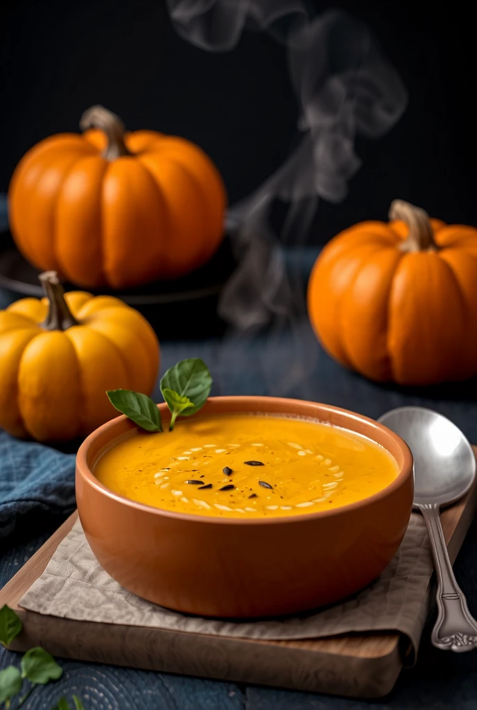 Pumpkin potage on the table, boiled pumpkin, green pumpkin, freshly made steam effect, delicious composition, delicious color adjustment, delicate textures, contrasts of light and shadow, artistic photography, hyper realistic, BREAK ultra detailed, absolutely resolution, best quality