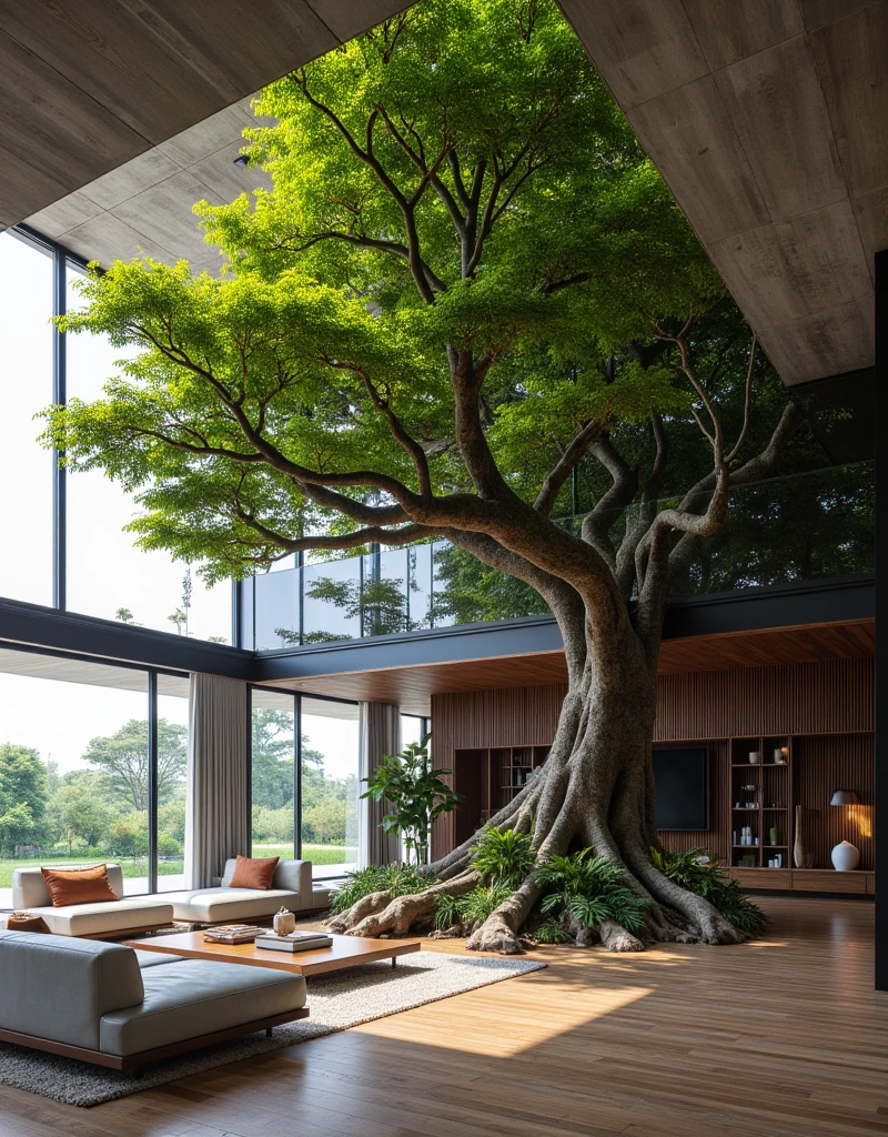 A tree growing through a modern living room of organic design, (The best quality, 4k, High Resolutions,  Ultra detailed), (realistic:1.37), (hdr), (vivid colors), (physically based representation), (professional), (Ultra-fine painting), (sharp focus), (Studio lighting), portraits, landscape, (Conceptual Artists), (bokeh), wooden floor, Floor-to-ceiling windows, bad weather, Natural sunlight, lush green leaves, branches swirling around furniture, Intricate tree roots, Comfortable seating area, Contemporary furniture, Minimalist décor, clean lines, Contrasting textures, Neutral color palette, Serene atmosphere