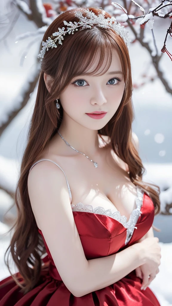 ((The Red Queen theme )), ((high quality)), masterpiece, ( detailed local depiction :1.2), One Girl,  big full breasts 、cleavage of the breast、 blue eyes , Closed Mouth,eyelash, staring at viewers ,  portrait, Alone, upper body closeup、 portrait,  red dress , Red Hair, White me,(masterpiece, 8k,  best quality ,  Kampala, Super detailed,  ultra-realistic realism ), Red, A world covered in silver, Snow covered branches, cold冬は, Snowflakes dance like fairies,  turns the world into a silver fairy tale, cold, Quiet and beautiful snow scenery, comfortable and calm, Vibrant colors, Full Body,  princess your ddler,  1 girl, Ag5,  Baby d Hair, (Artistic pose),  raise your arms