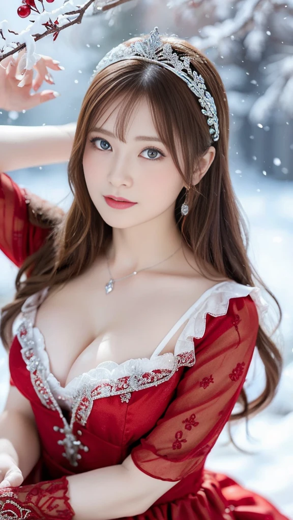 ((The Red Queen theme )), ((high quality)), masterpiece, ( detailed local depiction :1.2), One Girl,  big full breasts 、cleavage of the breast、 blue eyes , Closed Mouth,eyelash, staring at viewers ,  portrait, Alone, upper body closeup、 portrait,  red dress , Red Hair, White me,(masterpiece, 8k,  best quality ,  Kampala, Super detailed,  ultra-realistic realism ), Red, A world covered in silver, Snow covered branches, cold冬は, Snowflakes dance like fairies,  turns the world into a silver fairy tale, cold, Quiet and beautiful snow scenery, comfortable and calm, Vibrant colors, Full Body,  princess your toddler,  1 girl, Age 25,  Baby Face , Red Hair, (Artistic pose),  raise your arms