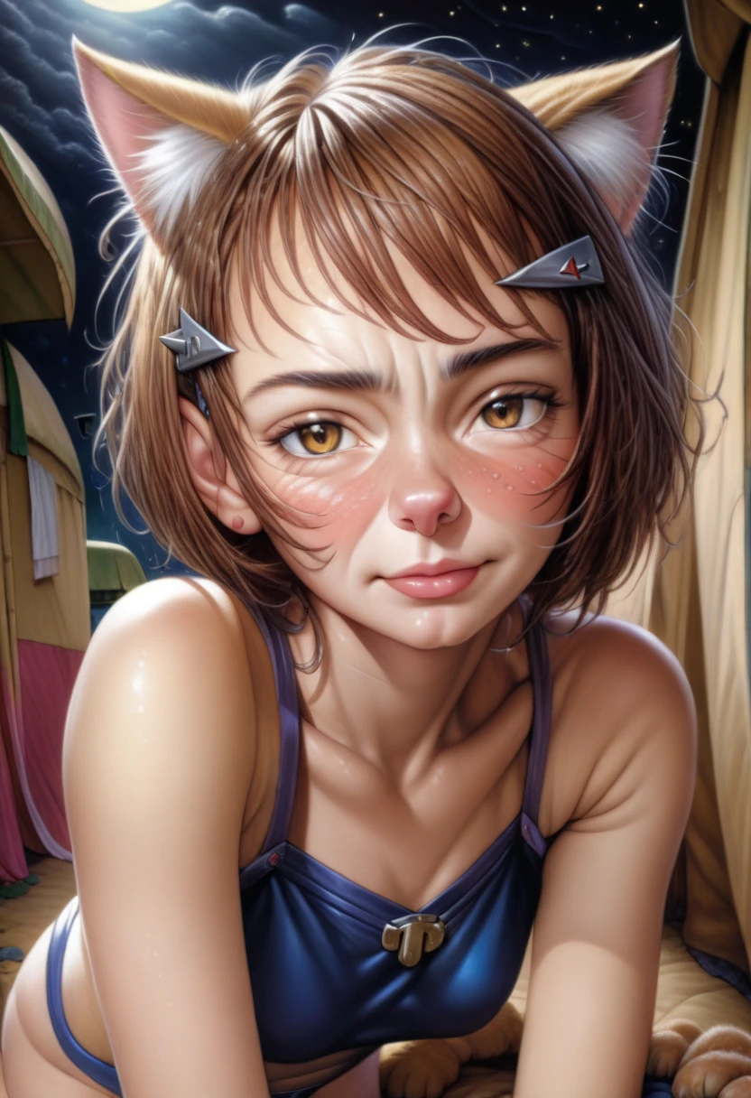 (Hyper-Realistic CG Illustration:1.2), (Ultra-Detailed, Top Quality 4K, High Resolution, Sharp Focus:1.4), A pretty 16-year-old tiptop cosplay girl in a navy blue tubetop, thong, cat ears and paw gloves is crawling in a caravan at night, blushing and looking at the viewer. She has a short brown bob and hair clip, smooth pale skin, dark eyes, a narrow nose, rosy cheeks, glossy lips with a shy smile, medium sized breasts that give her an angelic innocence as well as a hint of sex appeal. Her face, body and even the texture of her hair are rendered in extreme detail. Background window with night scene. Bottom view.