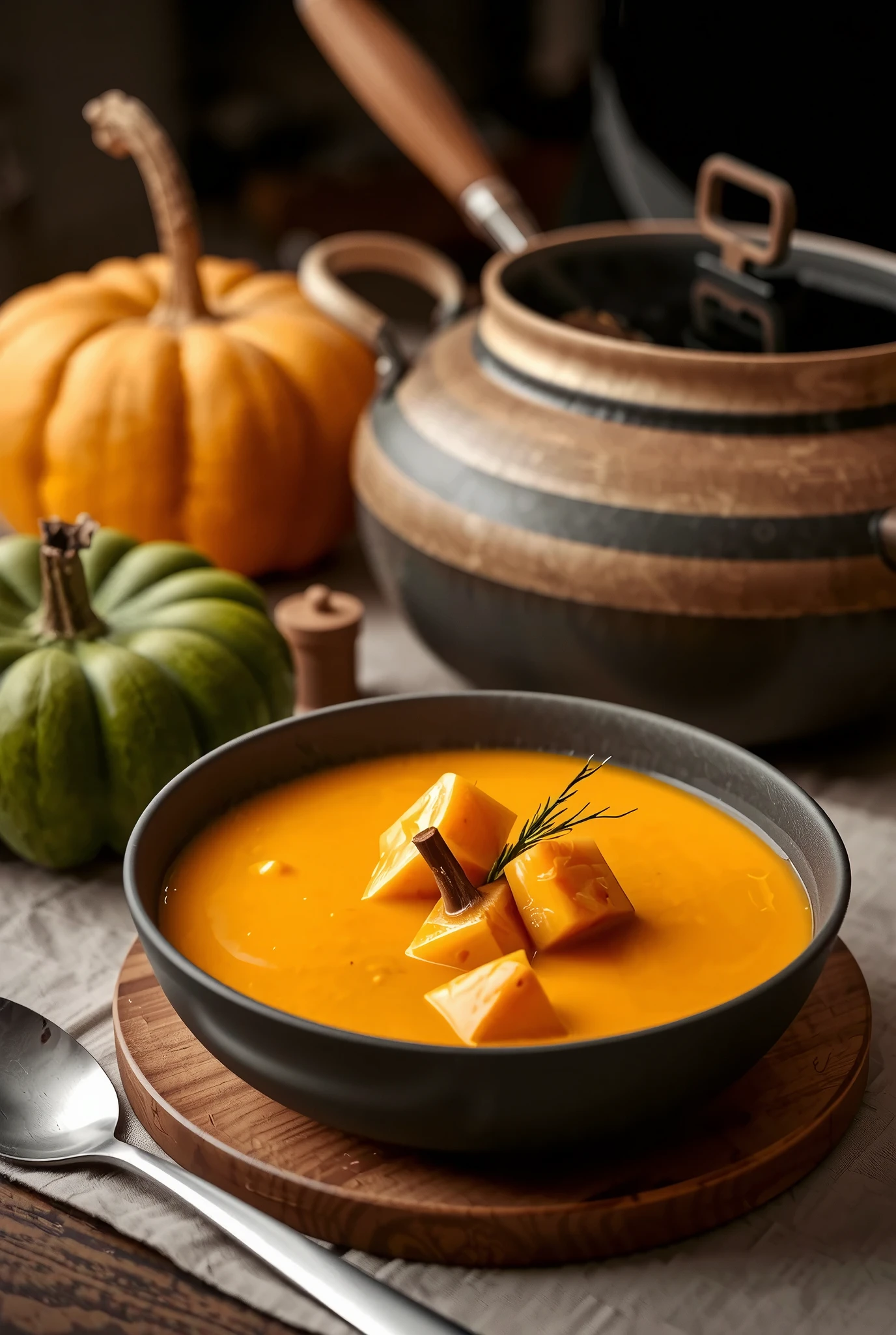 Pumpkin potage on the table, boiled pumpkin, green pumpkin, freshly made steam effect, delicious composition, delicious color adjustment, delicate textures, contrasts of light and shadow, artistic photography, hyper realistic, BREAK ultra detailed, absolutely resolution, best quality