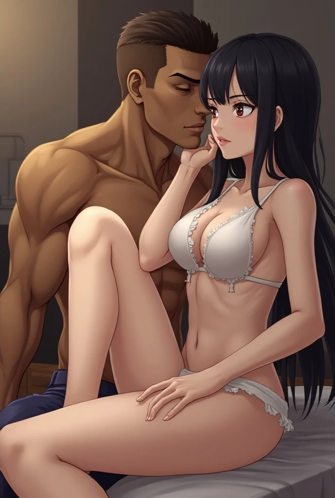 ((Highest quality)), ((masterpiece)), (detailed), （Perfect Face）、The woman is Akane Kurokawa, with blue bob hair, and is naked on the bed with a naked middle-aged black man with a muscular beard. They are having sex in the doggy style position, making love and impregnating each other. The man&#39;s penis enters the woman&#39;s pussy and ejaculates a large amount of semen, which overflows from the woman&#39;s pussy.、Man and woman wearing engagement rings、The man and woman are climaxing with pleasure