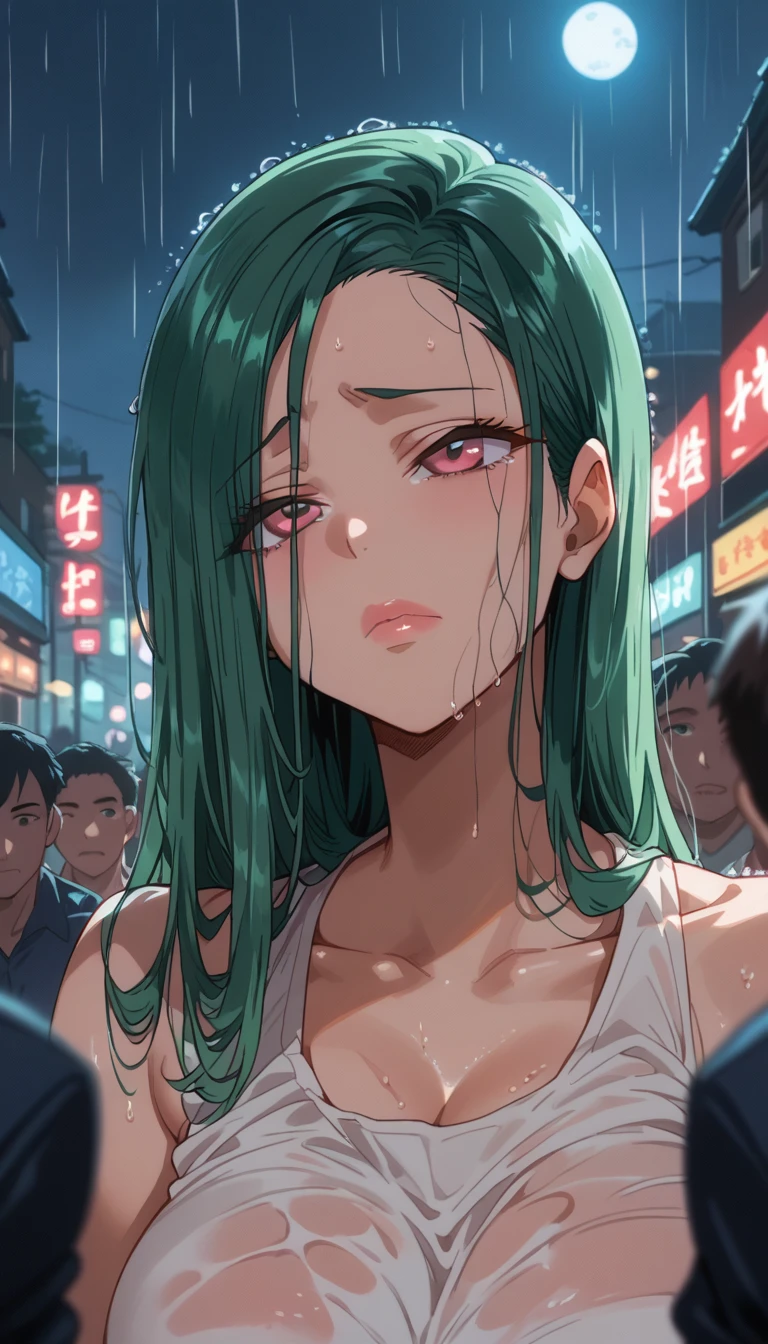 Score_9, score_8_up, score_7_up, score_6_up, Reina Kurashiki, green hair, pink eyes, massive tits, big lips, depressed, in rain, tank top, sad, night time,crowd
