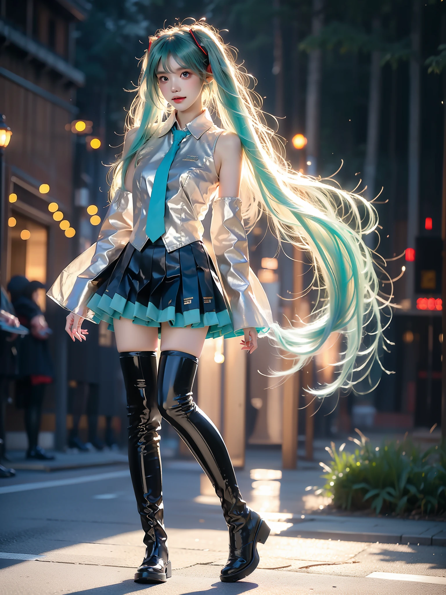 hatsune miku cosplay costume, hatsune miku, cosplay, aqua hair, twintails, very long hair, hair ornament, headphones, headset, shirt, skirt, pleated skirt, necktie, aqua necktie, detached sleeves, tattoo, thigh boots ,((full body)), (Asian beauty: 1.3), girl, solo, (toned body: 1.2) (naturally large breasts: 1.1), (visible cleavage: 0.8) (smooth flawless skin: 1.2), (perfect anatomical proportions: 1.3) (Naturally comfortable posture: 1.4) (anatomically correct legs: 1.3), (elegantly long legs: 1.3) 1.1) Hands gently lift the skirt (detailed features: 1.2), (big bright eyes: 1.1), (long eyelashes: 1.1) charming smile, gentle and confident expression Head slightly tilted long flowing hair (night scene: 1.1), (starry sky: 1.0), (space background: 0.9) (professional soft light: 1.2), (warm tone: 1.1) (Masterpiece: 1.4), (Super Detail: 1.3), (Sharp focus: 1.2) (Realistic: 1.2), (Hi-Fi: 1.1)