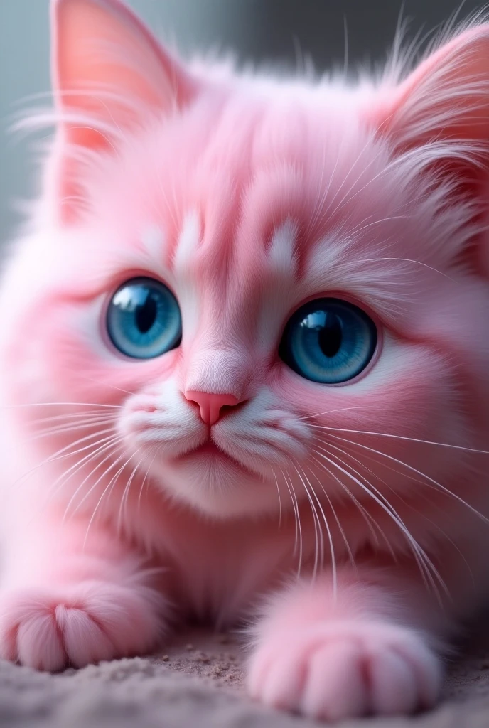 Close-up image of a fluffy furry cat with beautiful pink fur, with beautiful and bright blue eyes ,  as close to the camera as possible, focus on the eyes, work of art, Surreal, 8k, Depth Blur