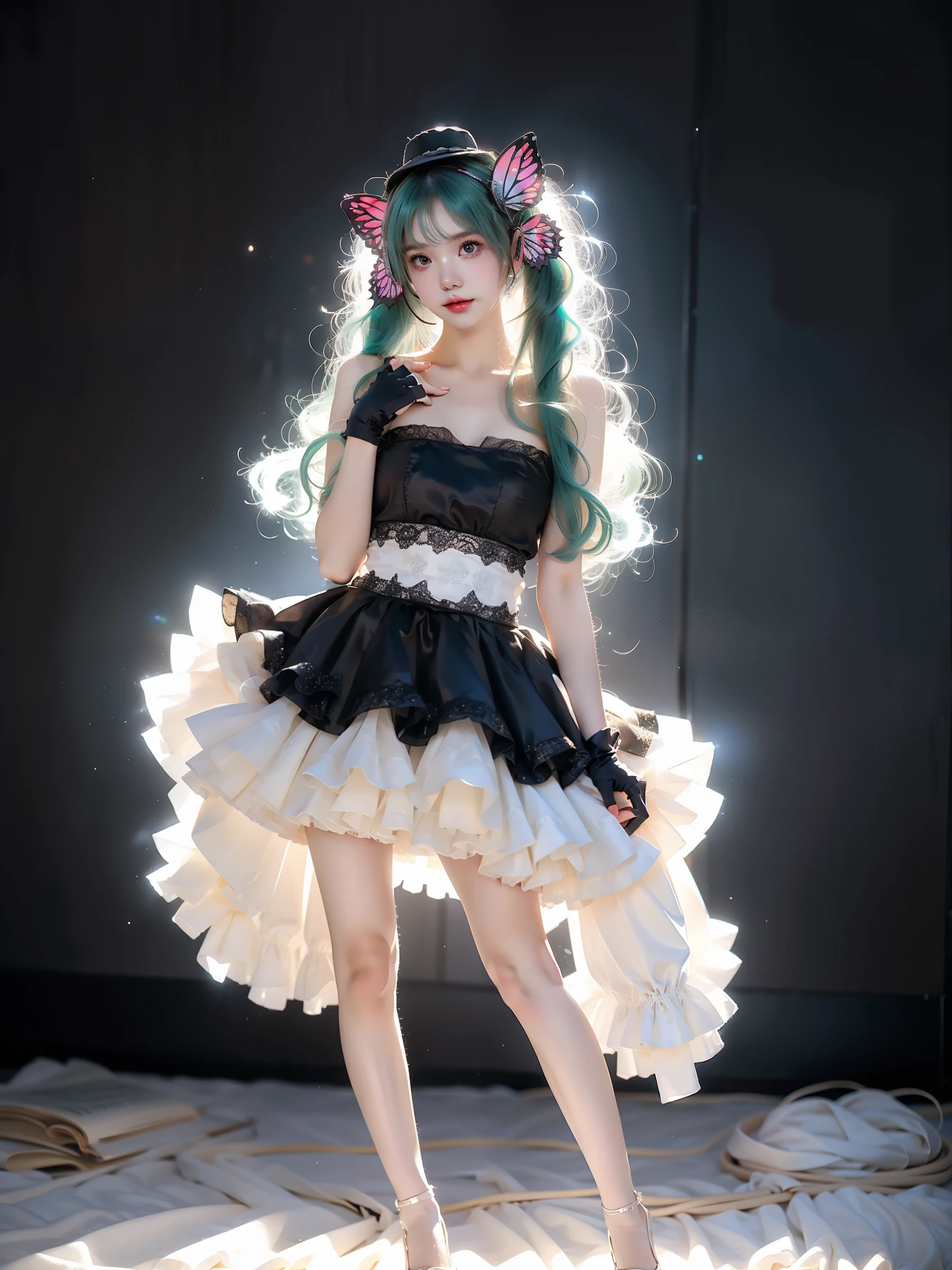 hatsune miku cosplay costume, hatsune miku, cosplay, twintails, aqua hair, very long hair, strapless dress, dress, fingerless gloves, mini hat, butterfly hair ornament, hair ornament, headphones, butterfly headphones, thighhighs, high heels ,((full body)), (Asian beauty: 1.3), girl, solo, (toned body: 1.2) (naturally large breasts: 1.1), (visible cleavage: 0.8) (smooth flawless skin: 1.2), (perfect anatomical proportions: 1.3) (Naturally comfortable posture: 1.4) (anatomically correct legs: 1.3), (elegantly long legs: 1.3) 1.1) Hands gently lift the skirt (detailed features: 1.2), (big bright eyes: 1.1), (long eyelashes: 1.1) charming smile, gentle and confident expression Head slightly tilted long flowing hair (night scene: 1.1), (starry sky: 1.0), (space background: 0.9) (professional soft light: 1.2), (warm tone: 1.1) (Masterpiece: 1.4), (Super Detail: 1.3), (Sharp focus: 1.2) (Realistic: 1.2), (Hi-Fi: 1.1)