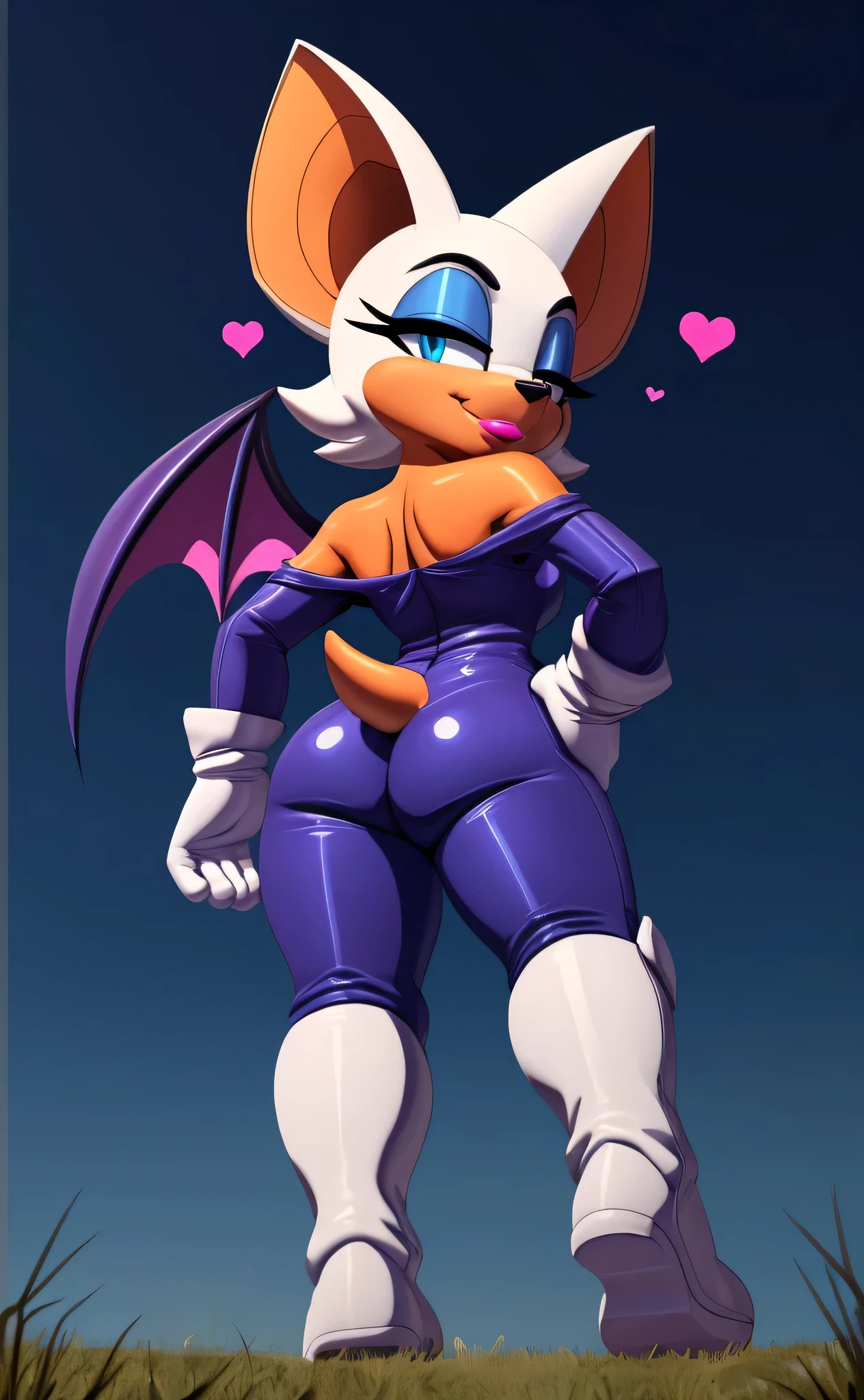 [Rouge the bat], [Uploaded to e621.net; (Pixelsketcher), (wamudraws), (napalm_express)], ((masterpiece)), ((HD)), ((High Quality)), ((furry)), ((solo portrait)), ((back view)), ((full body)), ((ass focus)), ((detailed fur)), ((detailed shading)), ((cel shading)), ((beautiful render art)), ((intricate details)), {anthro, (white fur), (orange skin), black nose, bat ears, cute blue eyes, (blue eyeshadow), short tail, (gorgeous hips), (beautiful legs), (smug grin)}, {(black spandex bodysuit), (white gloves), (white knee-high boots), (heels)}, {(squatting), (looking back)}, [background; (museum), (ambient lighting)]