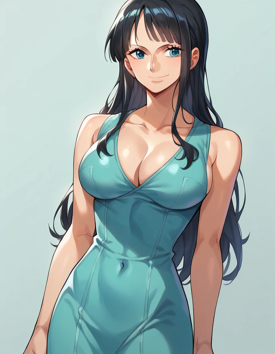  score_9,  score_8_up,  score_7_up,  score_9, sauce_Anime,  Blake Nico Robin SDXL,  1 GIRL WITH HIM, Alone, Long Hair, chest,  stare at viewers, smile,  blue eyes , large chest, Black Hair , belly button,  clevis,  closed mouth,  standing , cowboy shot, abdomen, Shiny,, salon, Nico Robin, Massage Side View,nude,((1boy、Touch a man's body ))