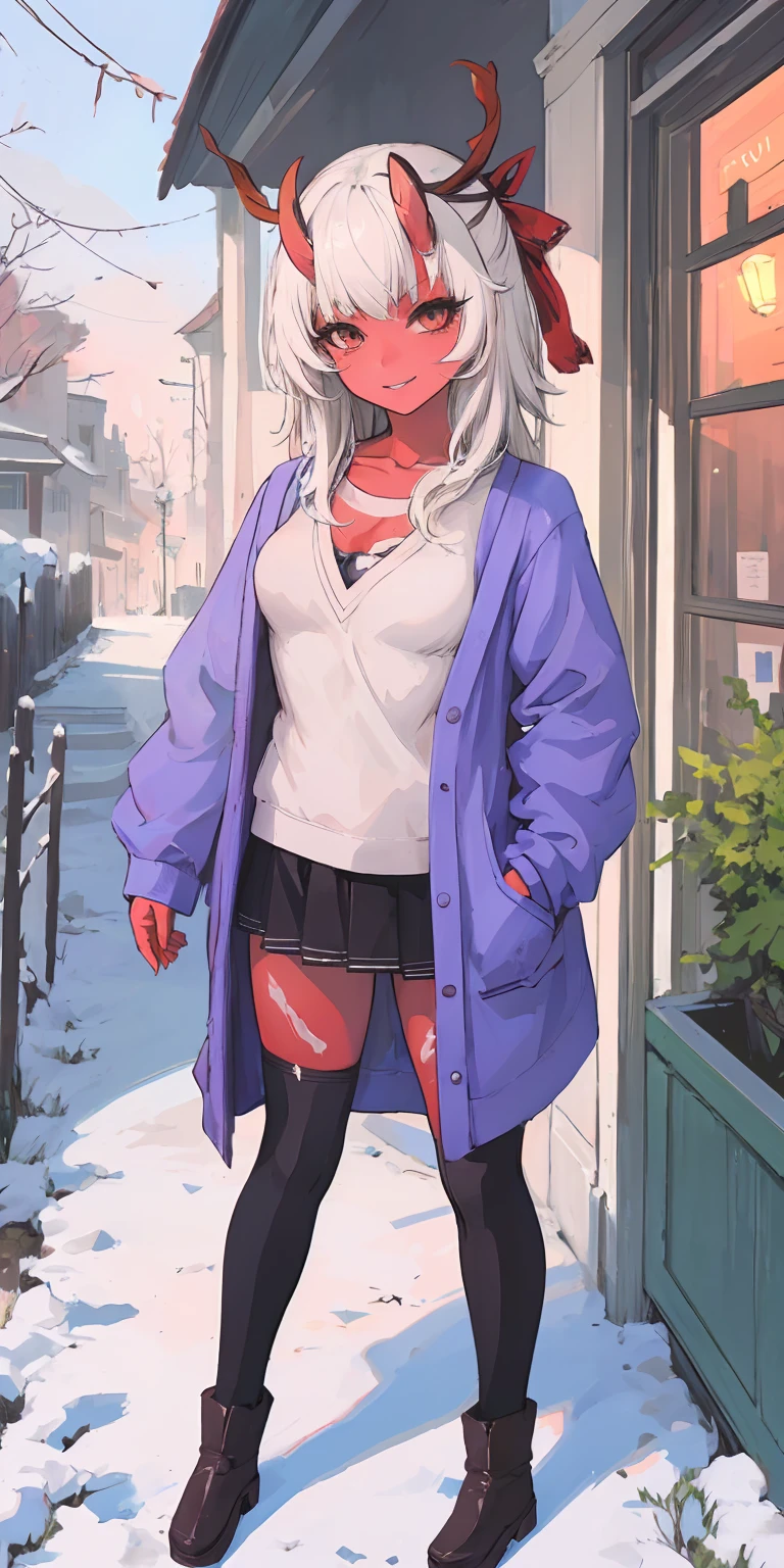 (masterpiece:1.2), best quality, highres, original, (extremely detailed:1.2), ultra-detailed, perfect lighting,(extremely detailed CG:1.2), 8k, anime illustration, 1girl, solo, lustful smirking smile face red cheeks, (winter outfit:1.2), STANDING STRAIGHT SYMMETRICAL LOOKING TO THE CAMERA, (knit cardigan:1.1), (bowknot on cardigan:1.25), knee-length skirt, (Ruffled hemline:1.3), winter boots, {delicate|detailed}clothes, (anatomically correct:1.34), close-up, full-body, looking at viewer, frontal, snowy street, (streetlight:1.17), NO background, unity 4k