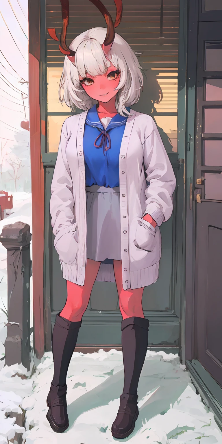 (masterpiece:1.2), best quality, highres, original, (extremely detailed:1.2), ultra-detailed, perfect lighting,(extremely detailed CG:1.2), 8k, anime illustration, 1girl, solo, lustful smirking smile face red cheeks, (winter outfit:1.2), STANDING STRAIGHT SYMMETRICAL LOOKING TO THE CAMERA, (knit cardigan:1.1), (bowknot on cardigan:1.25), knee-length skirt, (Ruffled hemline:1.3), winter boots, {delicate|detailed}clothes, (anatomically correct:1.34), close-up, full-body, looking at viewer, frontal, snowy street, (streetlight:1.17), NO background, unity 4k