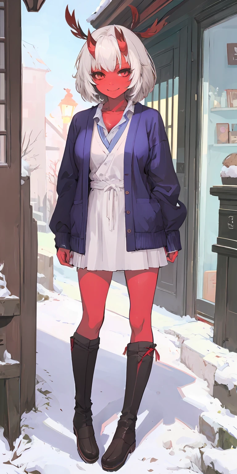 (masterpiece:1.2), best quality, highres, original, (extremely detailed:1.2), ultra-detailed, perfect lighting,(extremely detailed CG:1.2), 8k, anime illustration, 1girl, solo, lustful smirking smile face red cheeks, (winter outfit:1.2), STANDING STRAIGHT SYMMETRICAL LOOKING TO THE CAMERA, (knit cardigan:1.1), (bowknot on cardigan:1.25), knee-length skirt, (Ruffled hemline:1.3), winter boots, {delicate|detailed}clothes, (anatomically correct:1.34), close-up, full-body, looking at viewer, frontal, snowy street, (streetlight:1.17), NO background, unity 4k