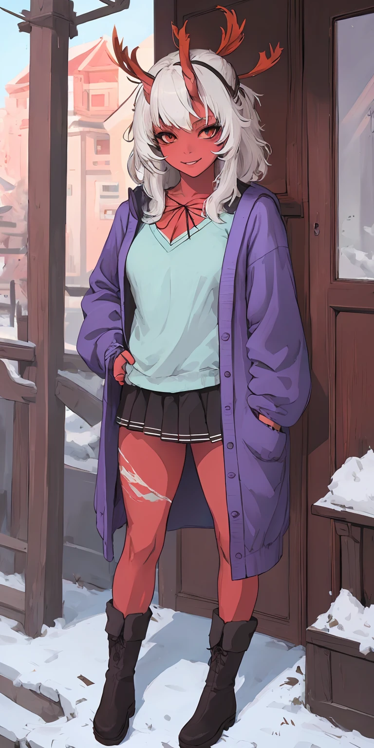 (masterpiece:1.2), best quality, highres, original, (extremely detailed:1.2), ultra-detailed, perfect lighting,(extremely detailed CG:1.2), 8k, anime illustration, 1girl, solo, lustful smirking smile face red cheeks, (winter outfit:1.2), STANDING STRAIGHT SYMMETRICAL LOOKING TO THE CAMERA, (knit cardigan:1.1), (bowknot on cardigan:1.25), knee-length skirt, (Ruffled hemline:1.3), winter boots, {delicate|detailed}clothes, (anatomically correct:1.34), close-up, full-body, looking at viewer, frontal, snowy street, (streetlight:1.17), NO background, unity 4k