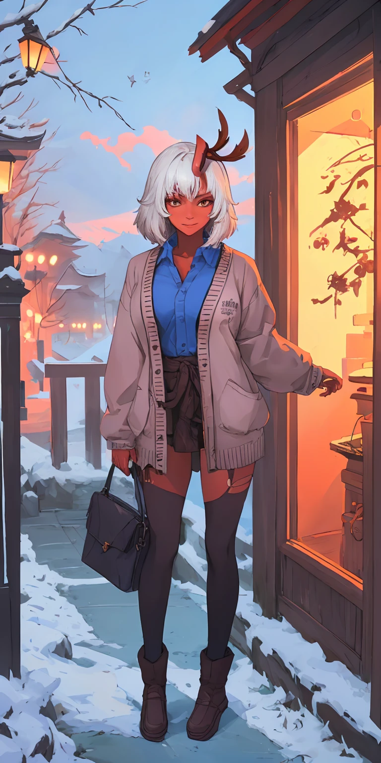 (masterpiece:1.2), best quality, highres, original, (extremely detailed:1.2), ultra-detailed, perfect lighting,(extremely detailed CG:1.2), 8k, anime illustration, 1girl, solo, lustful smirking smile face red cheeks, (winter outfit:1.2), STANDING STRAIGHT SYMMETRICAL LOOKING TO THE CAMERA, (knit cardigan:1.1), (bowknot on cardigan:1.25), knee-length skirt, (Ruffled hemline:1.3), winter boots, {delicate|detailed}clothes, (anatomically correct:1.34), close-up, full-body, looking at viewer, frontal, snowy street, (streetlight:1.17), NO background, unity 4k