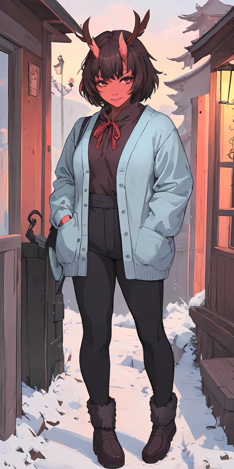 (masterpiece:1.2), best quality, highres, original, (extremely detailed:1.2), ultra-detailed, perfect lighting,(extremely detailed CG:1.2), 8k, anime illustration, 1girl, solo, lustful smirking smile face red cheeks, (winter outfit:1.2), STANDING STRAIGHT SYMMETRICAL LOOKING TO THE CAMERA, (knit cardigan:1.1), (bowknot on cardigan:1.25), knee-length skirt, (Ruffled hemline:1.3), winter boots, {delicate|detailed}clothes, (anatomically correct:1.34), close-up, full-body, looking at viewer, frontal, snowy street, (streetlight:1.17), NO background, unity 4k