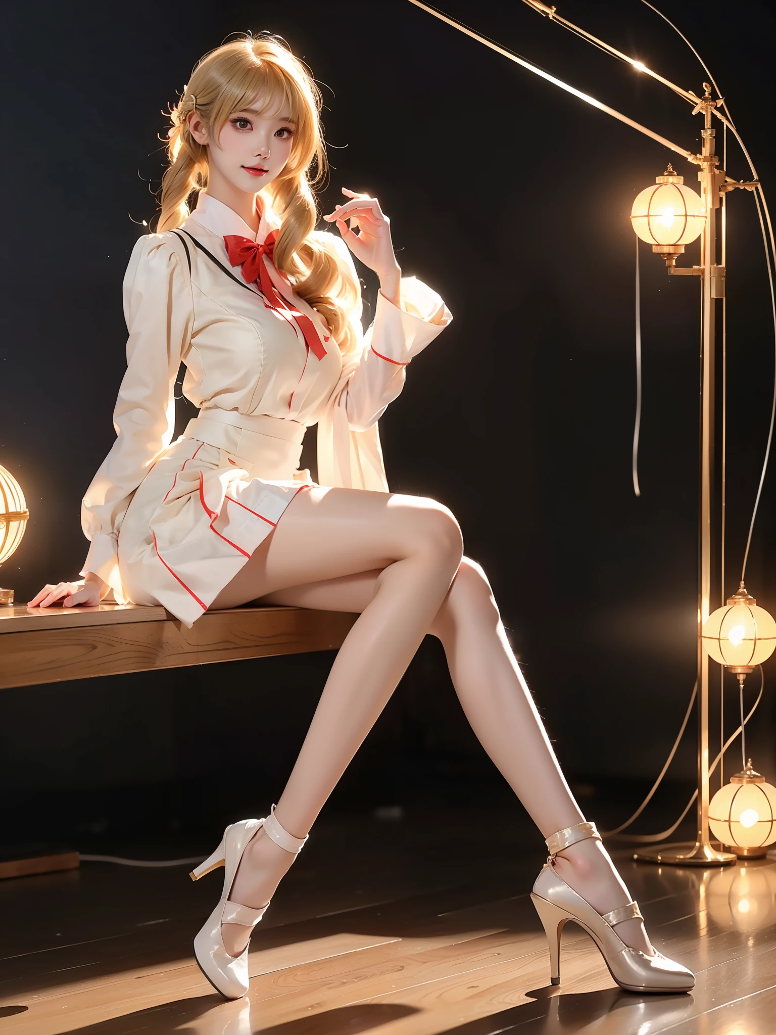 tomoe mami, mitakihara school uniform,
blonde hair, twin drills, hair ornament, ,((full body)), (Asian beauty: 1.3), girl, solo, (toned body: 1.2) (naturally large breasts: 1.1), (visible cleavage: 0.8) (smooth flawless skin: 1.2), (perfect anatomical proportions: 1.3) (Naturally comfortable posture: 1.4) (anatomically correct legs: 1.3), (elegantly long legs: 1.3) 1.1) Hands gently lift the skirt (detailed features: 1.2), (big bright eyes: 1.1), (long eyelashes: 1.1) charming smile, gentle and confident expression Head slightly tilted long flowing hair (night scene: 1.1), (starry sky: 1.0), (space background: 0.9) (professional soft light: 1.2), (warm tone: 1.1) (Masterpiece: 1.4), (Super Detail: 1.3), (Sharp focus: 1.2) (Realistic: 1.2), (Hi-Fi: 1.1)