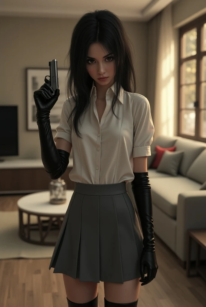 ultra realistic, photography, long black straight hair in a ponytail, elegant hair, (30 years old, hazel eyes, hourglass figure, perfect fit body, natural big breasts), femme fatale, long eyelashes, cat-eye make-up, she is dressed like a NYPD detective, under her trenchcoat her shirt is buttoned up, she has a badge on the trenchcoat, she is wearing elegant pants and high heels, she is at a homicide scene in an apartment, she is kneeling next to puddle of blood on the floor, there is a bloody arm laying on the floor in the puddle, she has a notepad in her hand and is taking notes, she is looking at the notes in her notebook, full body picture, wide angle