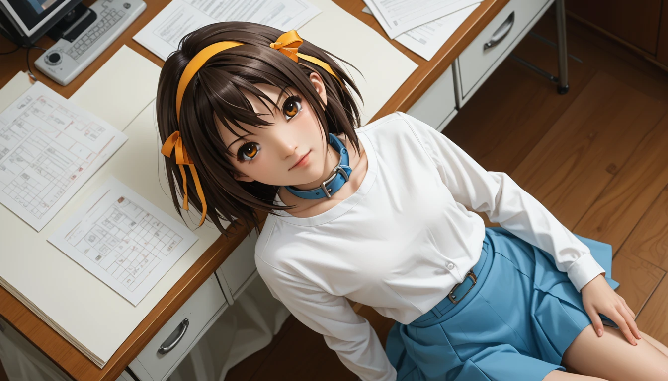 Highest quality、8K quality、high quality、Detailed Images，One Girl、Alone、whole body、((Haruhi Suzumiya)), White long sleeve shirt with blue collar,  Blue Skirt , Yellow ribbon, (  insanely detailed ,  Beautiful Detailed Faces ,  beautiful detailed eyes with hands tied and kneeling, (( she opens her legs upside down :1.3)),((A tearful 、 embarrassed face ：1.6))、((Showing your crotch to the audience))、((Upside down))、((Raising her hands above her head without strength ))、, ((( Blue Skirtから白のリボンのパンティーを見せている:1.4)))、(((Please open your crotch left and right :1.2)))、( spread his legs:1.2)、(Gazing at the audience)、( showing off her crotch to the camera ), Professional Lighting、 front shot、(( projected from above ))、((View from above ))
