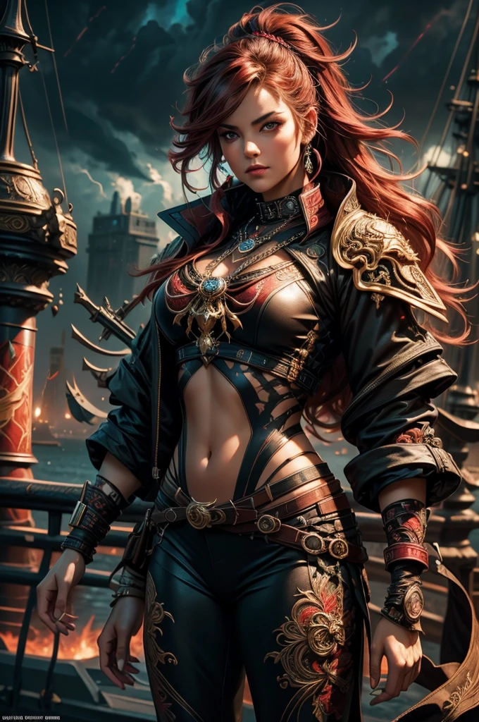 Angelic pirate with porcelain-diamond skin adorned with intricate patterns stands at the bow of a ship under a darkred, stormy sky illuminated by lightning, capturing her as a captivating seductress against a maritime backdrop, ornate Chav aesthetic mingles with the striking intensity of the scene, aerial view, game night ambiance, Substance 3D, high contrast, performance boosted with vivid, bold colors, Majestic, City Pop, graffitti, massive scale, Houdini rendering, Hi-fi, Print, mellow colors, Medieval, x-ray lighting, hyperrealistic intricate detail finely detailed ultra realistic Tonal Colors octane render 8k --ar 9:16