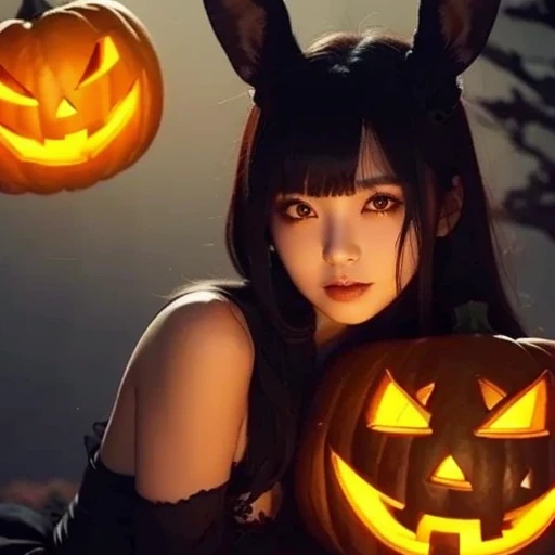 Japanese women、  Kampala、 Black Hair 、bangs、delicate face、    glowing skin  、Beauty、  bunny girl、Halloween Makeup、Blood paste、Holding a rabbit、 night、  jack o' lantern  、Horror、Dark and scary atmosphere、Spooky Forest