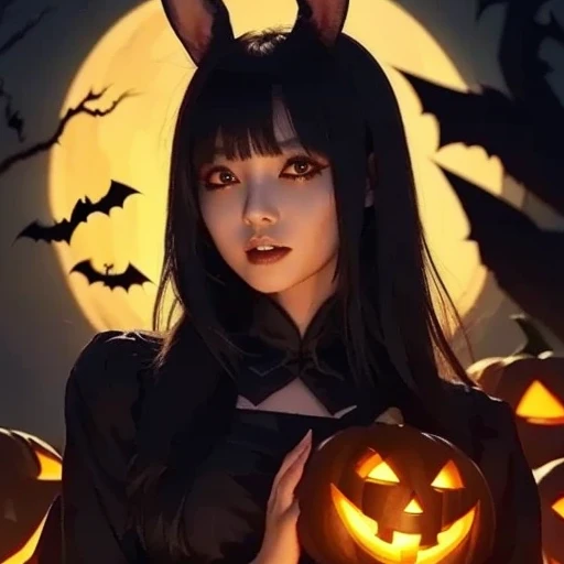 Japanese women、  Kampala、 Black Hair 、bangs、delicate face、    glowing skin  、Beauty、  bunny girl、Halloween Makeup、Blood paste、Holding a rabbit、 night、  jack o' lantern  、Horror、Dark and scary atmosphere、Spooky Forest