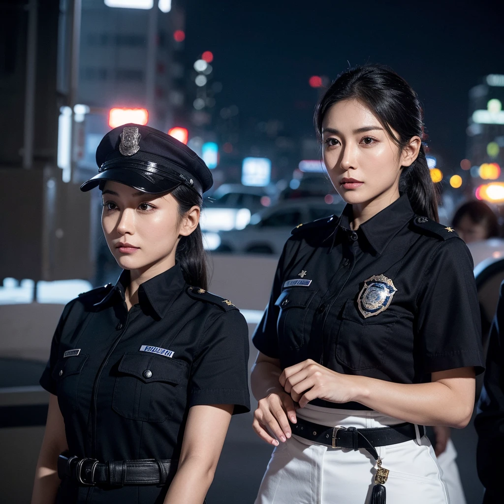 Asian beautiful female police officer in her mid-20s. She is wearing a fitted police uniform with a badge and utility belt. Her long dark hair is tied back in a ponytail. She has sharp facial features, including high cheekbones and almond-shaped eyes. Her expression is serious but thoughtful, reflecting her inner emotions. The background is a modern city at dusk, with soft police lights illuminating the scene, creating a mysterious yet intense atmosphere