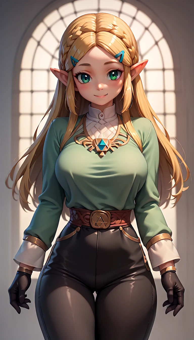 High resolution, Very detailed, perfect lighting, beautiful detailed eyes,   ((masterpiece,Best Quality)), absurdities, alone,     princess zelda, by the width, crown braid, Hair clip, pointy ears, Green shirt, long sleeves, Gloves without fingers, black gloves, Black pants, tight pants, smile, curves, nod,   ,  deep neckline, deep neckline 