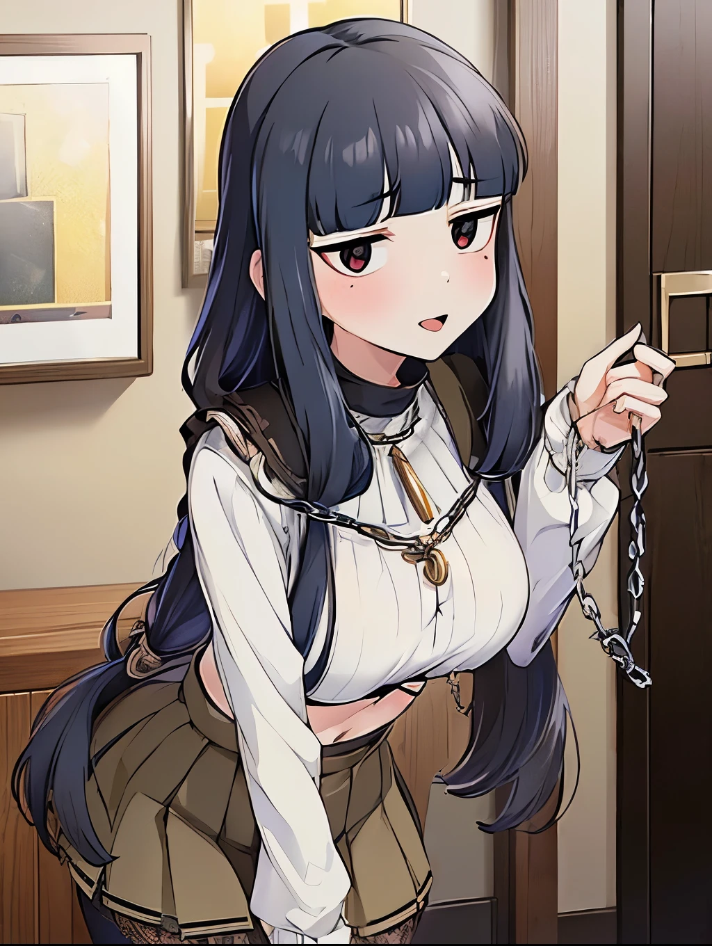 Han Shuli,masterpiece, ,  1 girl at home, Report,  cropped top below , ，Pleated Skirt， necklace, (Patient , Open your mouth ，  rather astringent sticking out her tongue ，Aheiyan， huge breasts ， collar with chain ，Thick collar ，Heavy shackles，Turtleneck tights， detailed eyes 