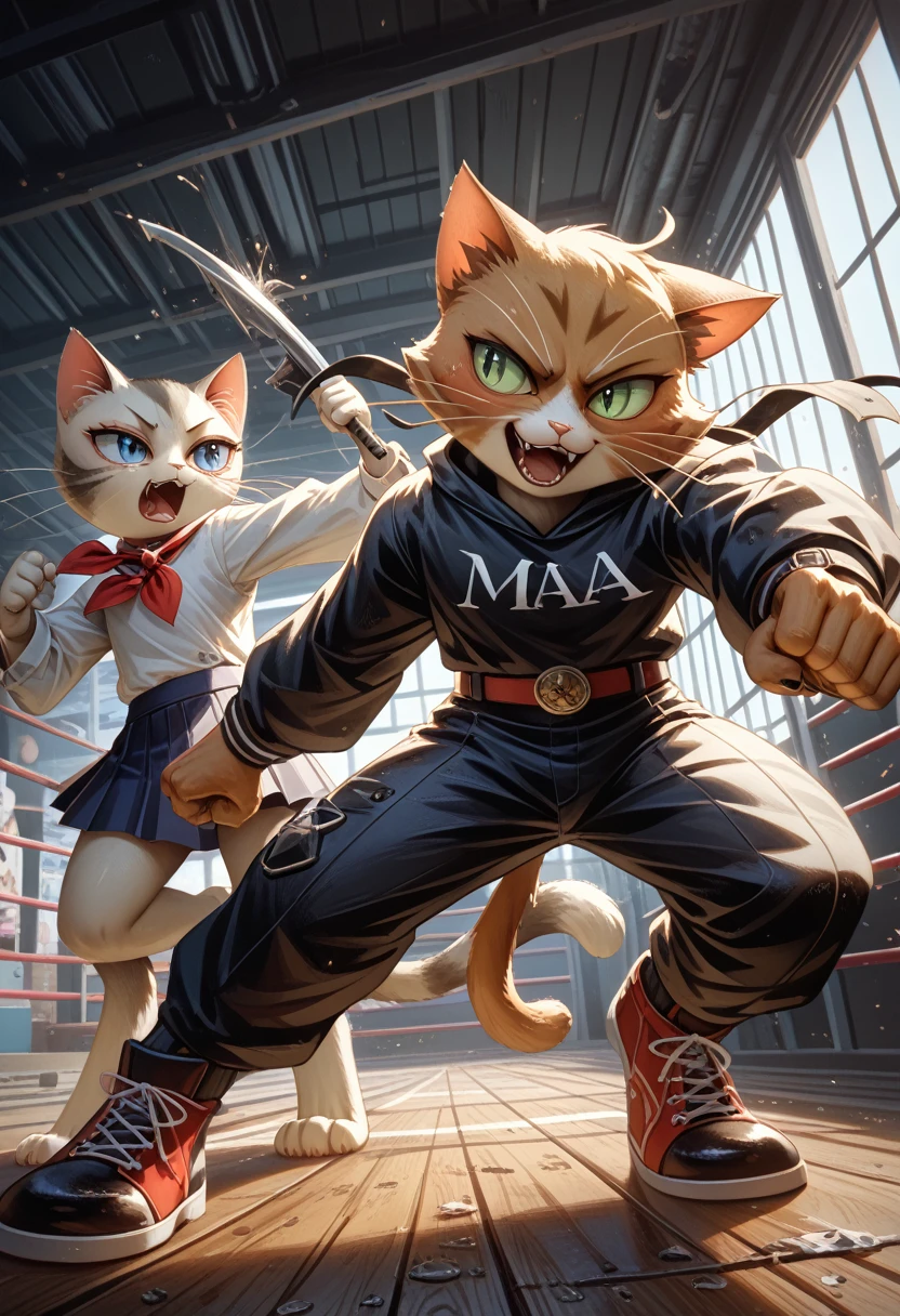  cat fighting, but 、 I don't say meow 

　 the voice during a fight is 

　「Mao 」

　 they call each other 

　 meow {x} I don't say meow {x} as we interact alternately＆ the rear part becomes high-pitched 

　 looks like this 

　Ａ「Mao 」

　Ｂ「Mao 」

　Ａ「 mao 」

　Ｂ「Mao 」

　Ａ「 mao ！」

　Ｂ「 mao ！」

　Ａ「 they call this repeatedly ！！！！！！」

　Ｂ「 mahoo ！！！！！」

　Ａ＆Ｂ「 gaff veloha Gabbebab johabba 」