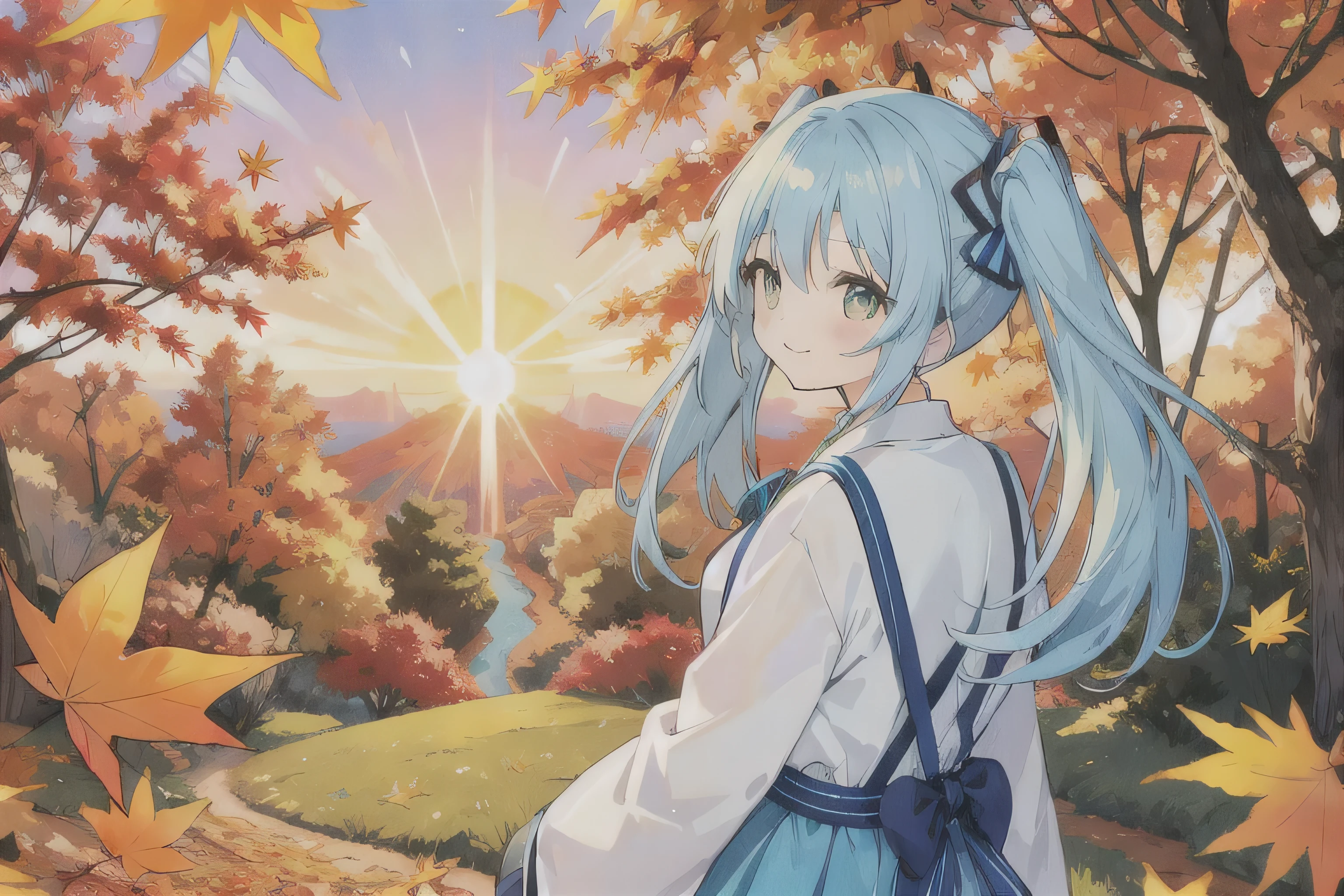 · Hatsune Miku · Light Blue Hair · Long Twin Tails · Smiling · Yellow Dress · In the Autumn Forest · Lots of Maple Leaves · Holding Maple Leaves · Sunset Sky · Top Quality