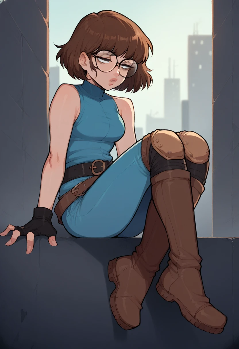 Sexy girl, Bob hair, Brown hair, glasses, lips, half closed eyes, faint face, perfect legs, in abandoned city, Blue yoga pants, belt, boots, fingerless gloves, knee pads, 