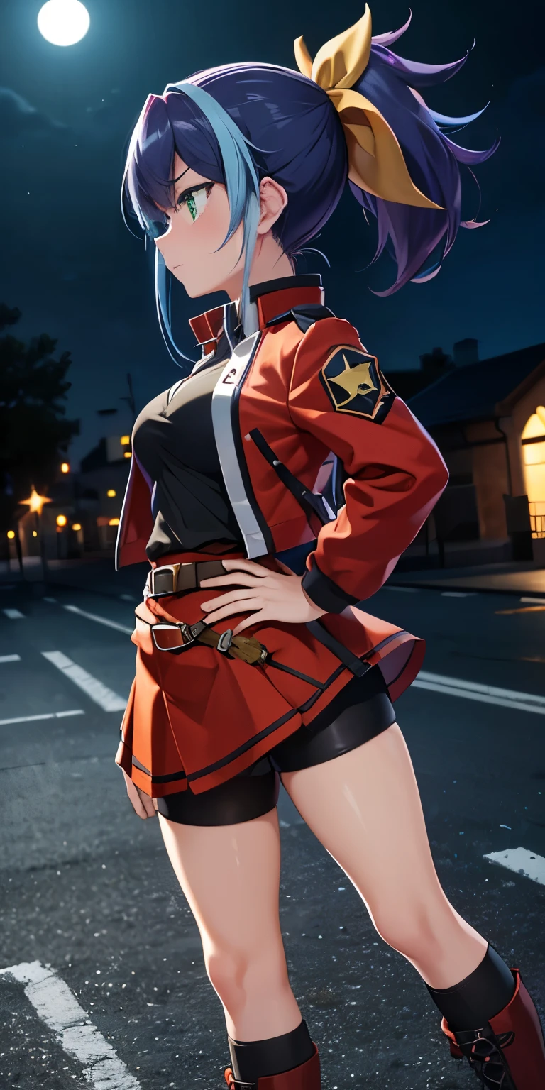 1 Female,High definition,high resolution,Ultra-realistic,8K, aaserena, ponytail,(multicolored hair),green eyes,black shirt,jacket,belt,red skirt,(shorts under skirt), tight skirt, miniskirt,European,sexy,Upper body close-up,Photographed from the front,Dynamic Angles,private teacher,blush, medium tits ,outdoors, moonlight, dark sky, buildings,full body,4k, ultra high definition, perfect face, detailed face , (isometric profile view), standing ,(hands on hips),(pov, closed shot:1.2) ,thinking 